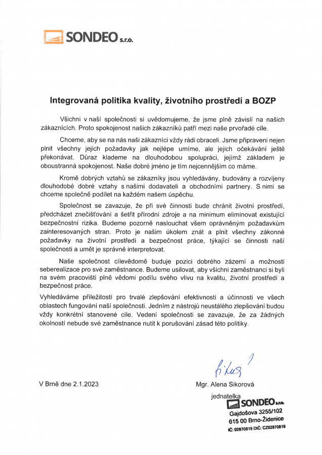 Integrovaná politika kvality, životního prostředí a BOZP